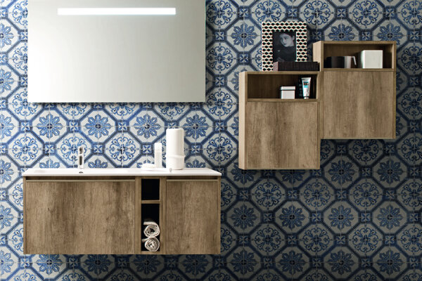 bagno Cerasa bagno moderno con vasca integrata in marmoresina bianco lucido - pensili e vani a giorno