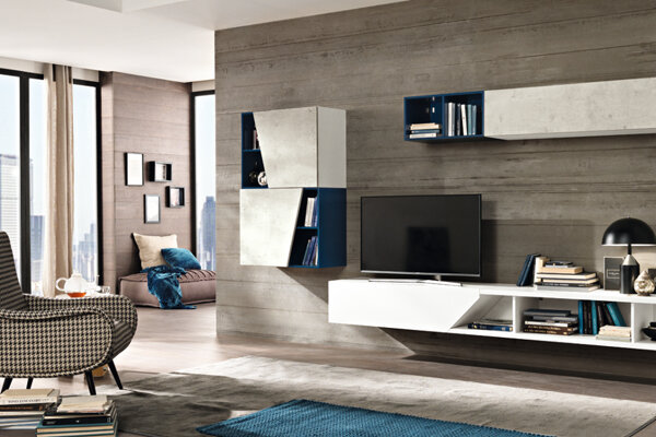 soggiorno Spar soggiorno moderno design minimale - frassino bianco cemento e blu oceano laccato con pensili