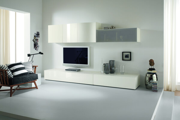 soggiorno Spar soggiorno moderno componibile - frassino colore bianco lucido - con vetri reflex e pensili curvi