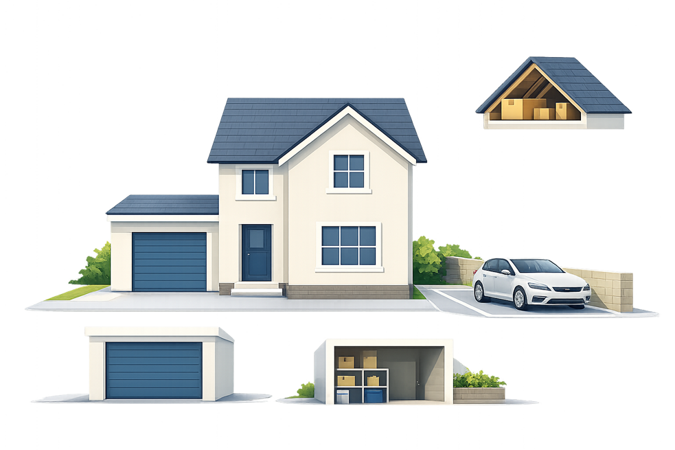 Illustrazione di una casa con pertinenze: garage, posto auto, cantina e soffitta