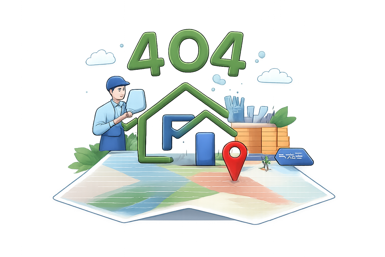 Illustrazione di una casa su mappa con segnaposto che rappresenta una pagina non trovata
