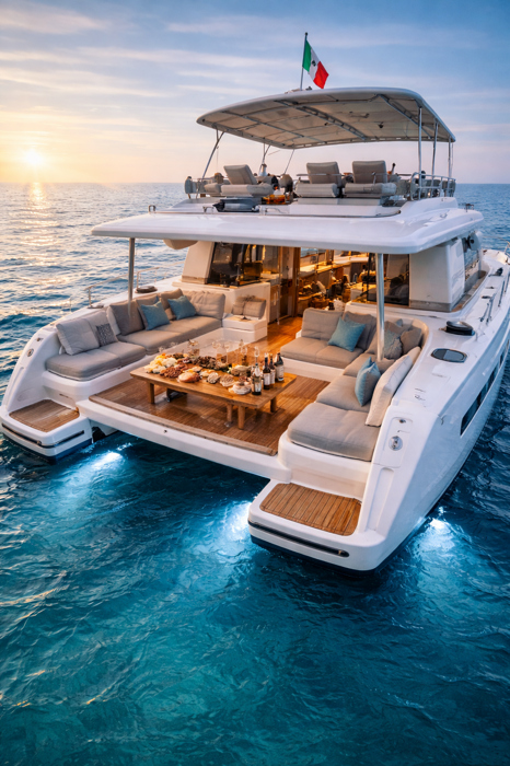 catamarano al tramonto con lusso