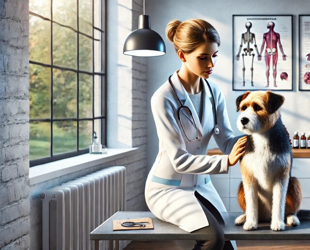 dallÂ·e 2025-01-15 23.06.57 - a realistic illustration of a female veterinarian examining a dog, wearing a white lab coat and a stethoscope around her neck. the veterinarian is kne.jpeg