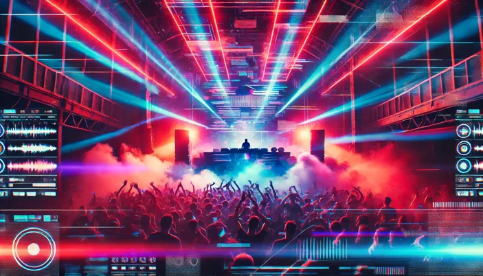 dall·e 2025-02-25 13.27.39 - a high-energy underground concert scene with a dj performing on stage, enhanced with more neon and glitch effects. the laser lights in red, purple, an