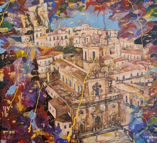 Il Castello e San Pietro Modica anno 2023 acr.su tela cm80x80