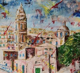 Duomo San Giorgio Modica acr. su cartoncino cm 30x40 anno 2023 coll. priv. Giuseppe Celestre