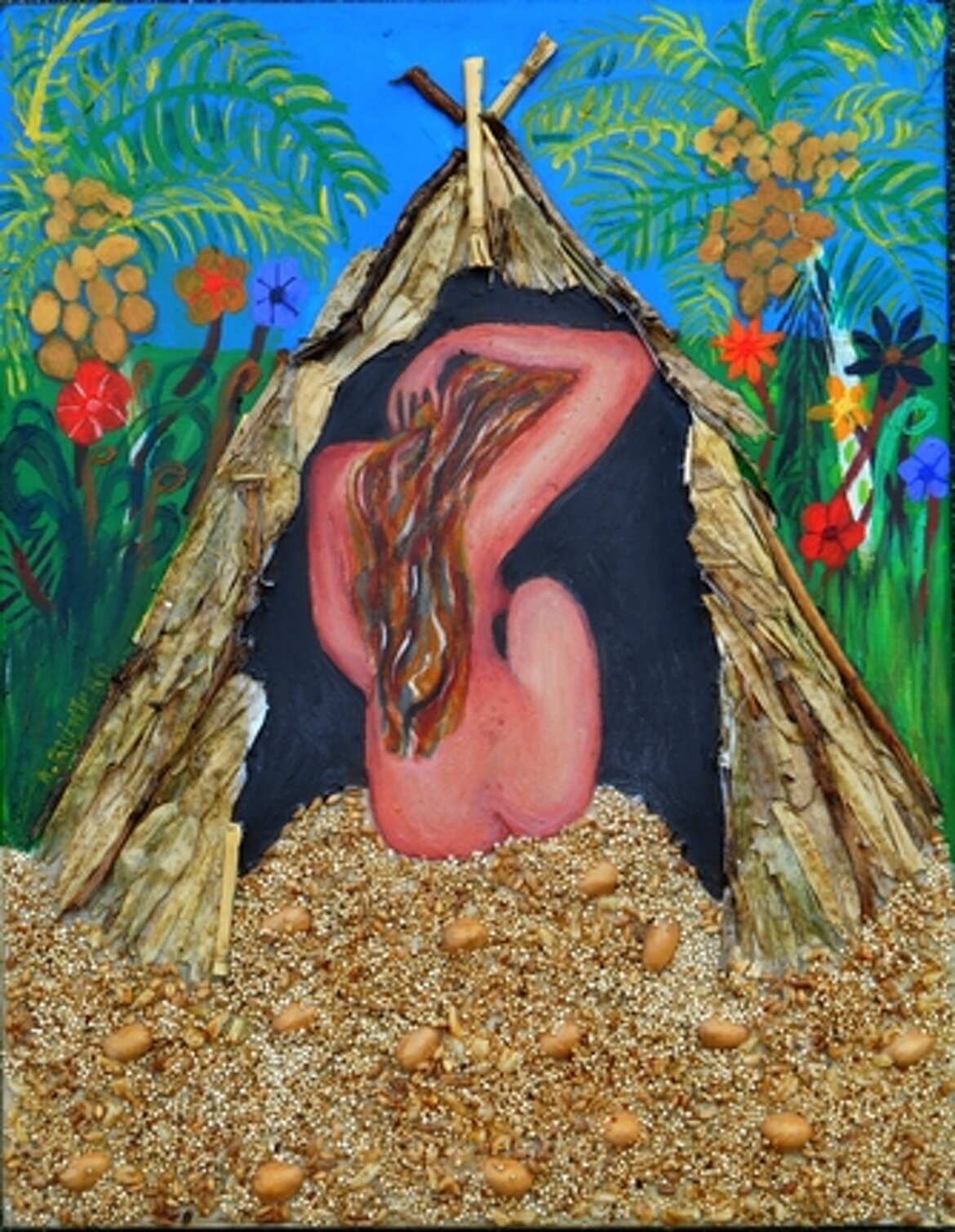 Oil on plasterboard and plant materials, 33.3 � 43.3 cm, 2020