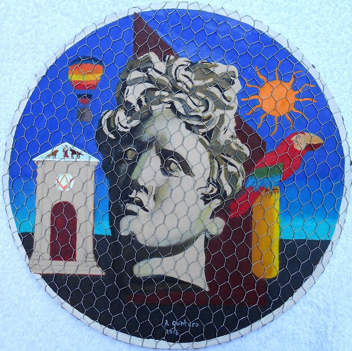 Oil on wood (triplex) and metalic wire, � 40 cm, 2016
