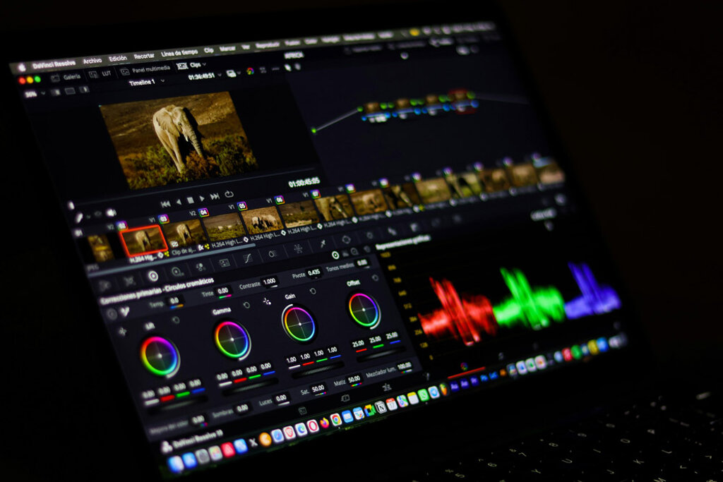 schermo di software di color grading con ruote colore, waveform e anteprima video