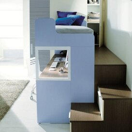 Composizione L21 Cameretta con letto a castello in finitura magnolia, bianco, avio e rovere tabacco con moduli scala