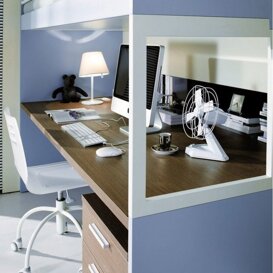 Composizione L21 Cameretta con letto rialzato e scrivania mod. XL. Finiture: magnolia, bianco, avio e rovere tabacco