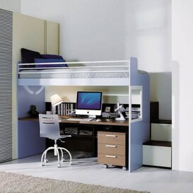 Composizione L21 Cameretta con letto a castello magnolia, bianco, avio e rovere tabacco, scrivania, piano e gradoni