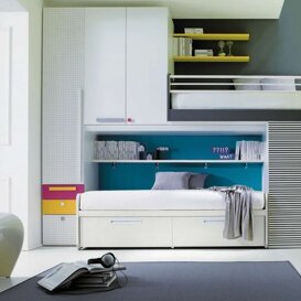 Soluzione B3 ponte combinato con letto superiore a soppalco, libreria, cassettiera, box scale, letto estraibile