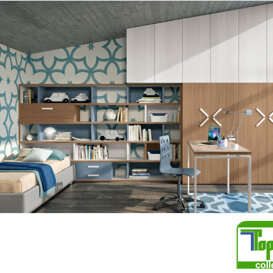 Composizione A2 Parete ponte con ante ad altezze differenziate, modulo libreria componibile letto con contenitore.
