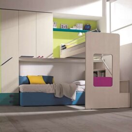 Composizione R3 Sistema combinato a L con letto castello e letto basso a contenitore, scale e ponte multifunzione