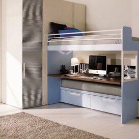 Composizione L21b Cameretta con letto a castello finiture magnolia, bianco, avio e rovere tabacco con letto scorrevole