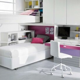Composizione B1 Armadio Ponte combinato ante, workstation, cassetti, libreria, sistema letto soppalco+ estraibile.