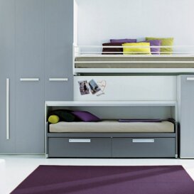 Composizione C1 Elemento ponte combinato con letto soppalco e letto sofà estraibile con contenitore a cassetti