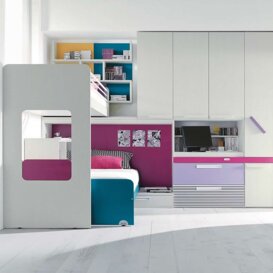 Composizione R10 Sistema-angolo che ottimizza lo spazio integrando l’area riposo, i guardaroba e lo studio-relax