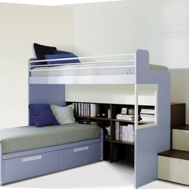 Composizione L21 L Cameretta con letto a castello a L, finiture magnolia, bianco, avio e rovere tabacco, con libreria