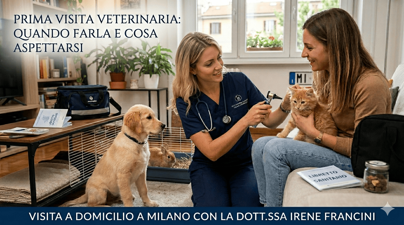 Prima visita veterinaria per cane, gatto e coniglio: cosa fare e quando farla Veterinario durante prima visita a domicilio per cane gatto e coniglio appena adottati
