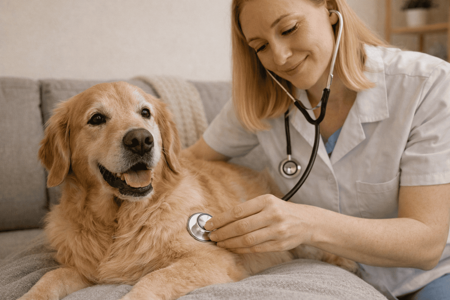 Visita cardiologica a domicilio per cane con cardiomiopatia dilatativa: veterinaria mentre ausculta il cuore di un cane rilassato sul divano