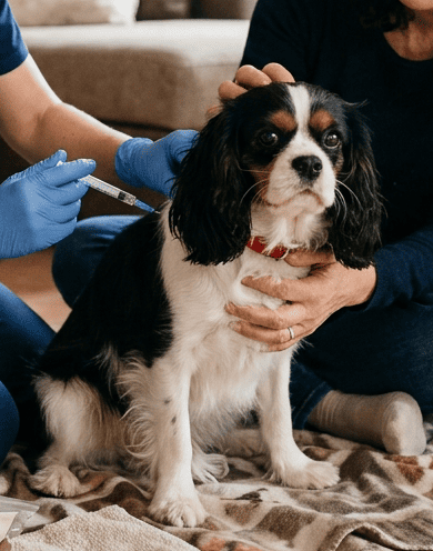 Veterinario durante vaccinazione a domicilio di un cane cucciolo a Milano