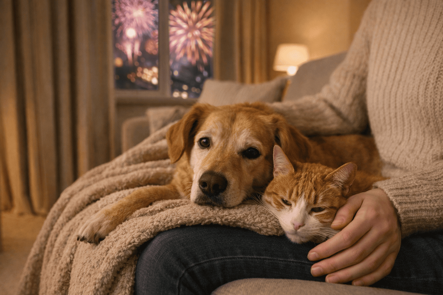 Cane e gatto tranquilli in casa durante i botti di Capodanno, protetti dal rumore dei fuochi d’artificio in un ambiente sicuro