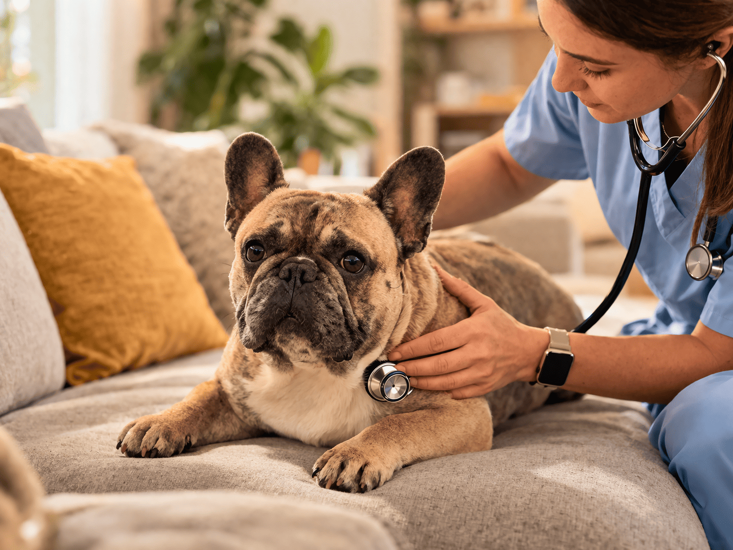 Bulldog Francese durante visita veterinaria a domicilio a Milano per problemi respiratori e dermatologici