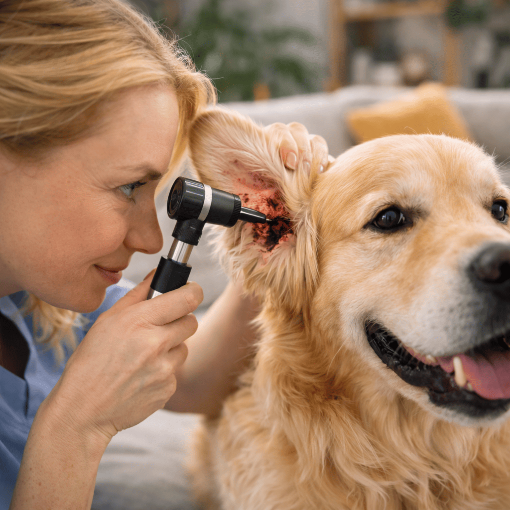 Otite da Malassezia nel cane con controllo auricolare durante visita veterinaria a domicilio
