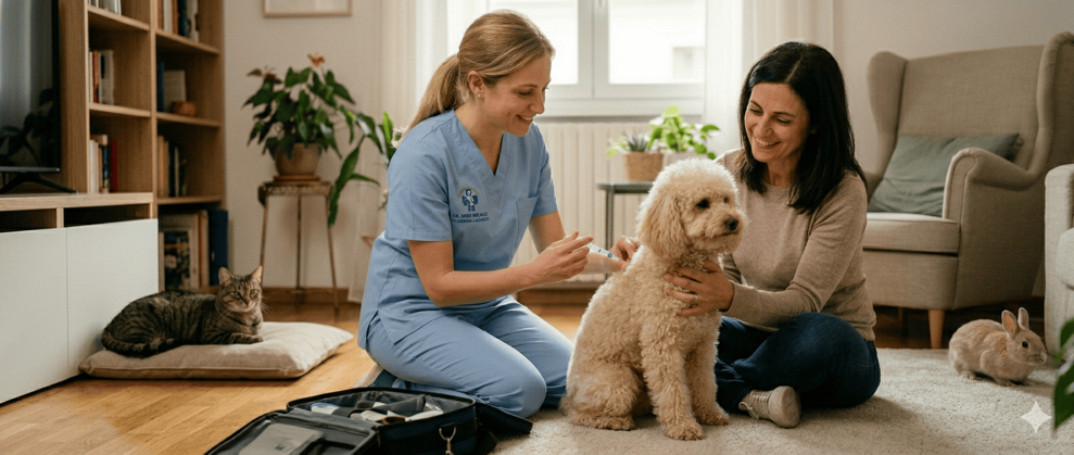 La Dott.ssa Irene Francini effettua una vaccinazione a domicilio a Milano su un barboncino rilassato, assistita dalla proprietaria in presenza di un gatto e un coniglio.