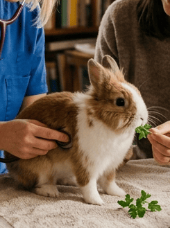 Coniglio con sintomi di coccidiosi durante visita veterinaria a domicilio per diarrea e apatia