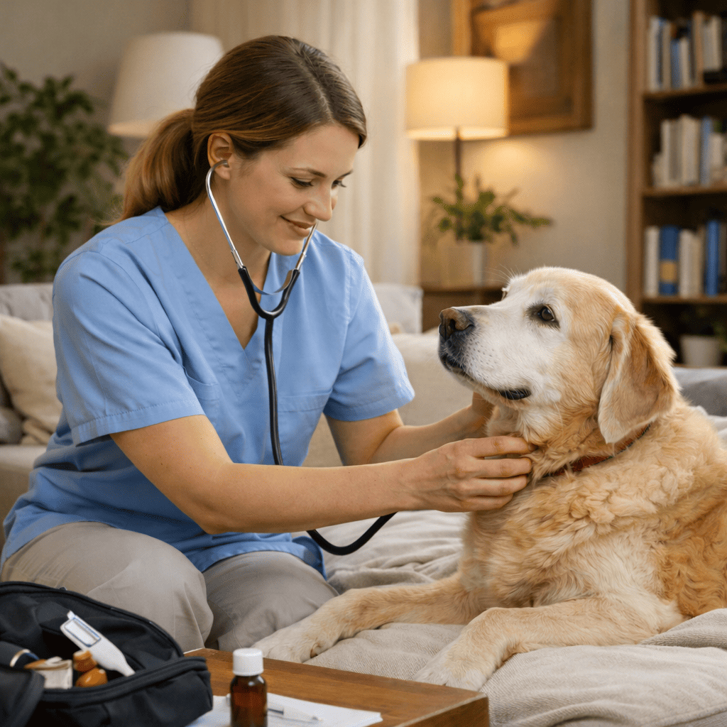 Cane anziano visitato dal veterinario durante una visita veterinaria a domicilio in un ambiente domestico