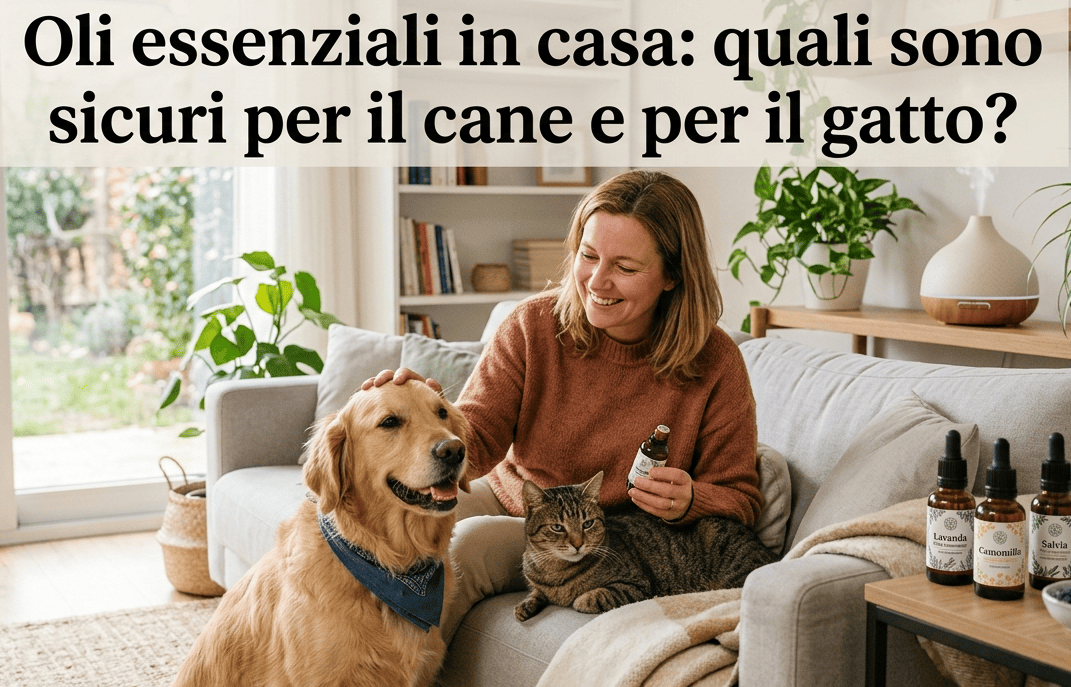 Cane e gatto in casa con diffusore di oli essenziali durante consulenza veterinaria a domicilio a Milano