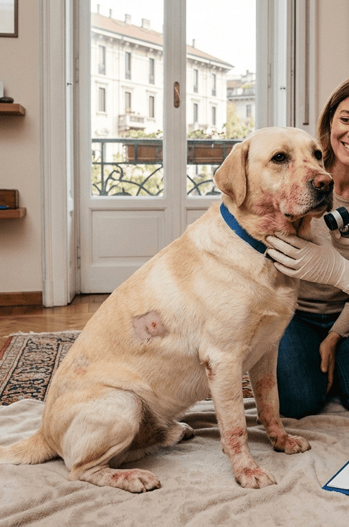 Labrador con dermatite e prurito durante visita veterinaria a domicilio a Milano