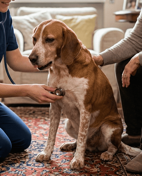 Cane che tossisce durante visita veterinaria a domicilio per problemi respiratori a Milano