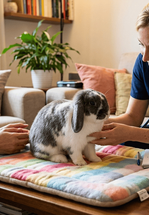 Coniglio con diarrea durante visita veterinaria a domicilio per sintomi gastrointestinali