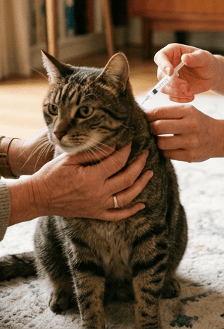 Veterinario durante vaccinazione a domicilio di un gatto a Milano senza stress