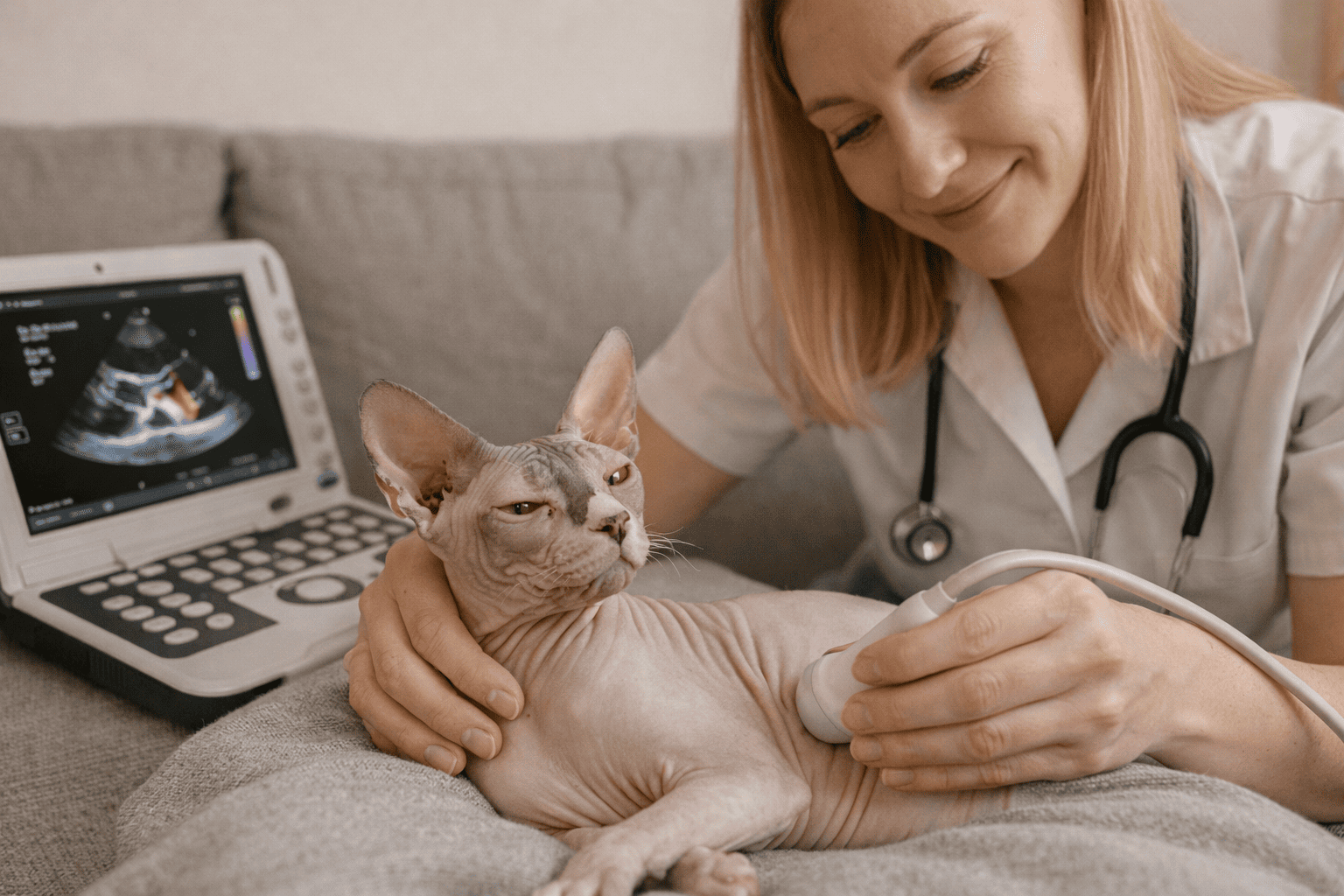 Gatto Sphynx durante visita veterinaria a domicilio per controllo salute generale a Milano