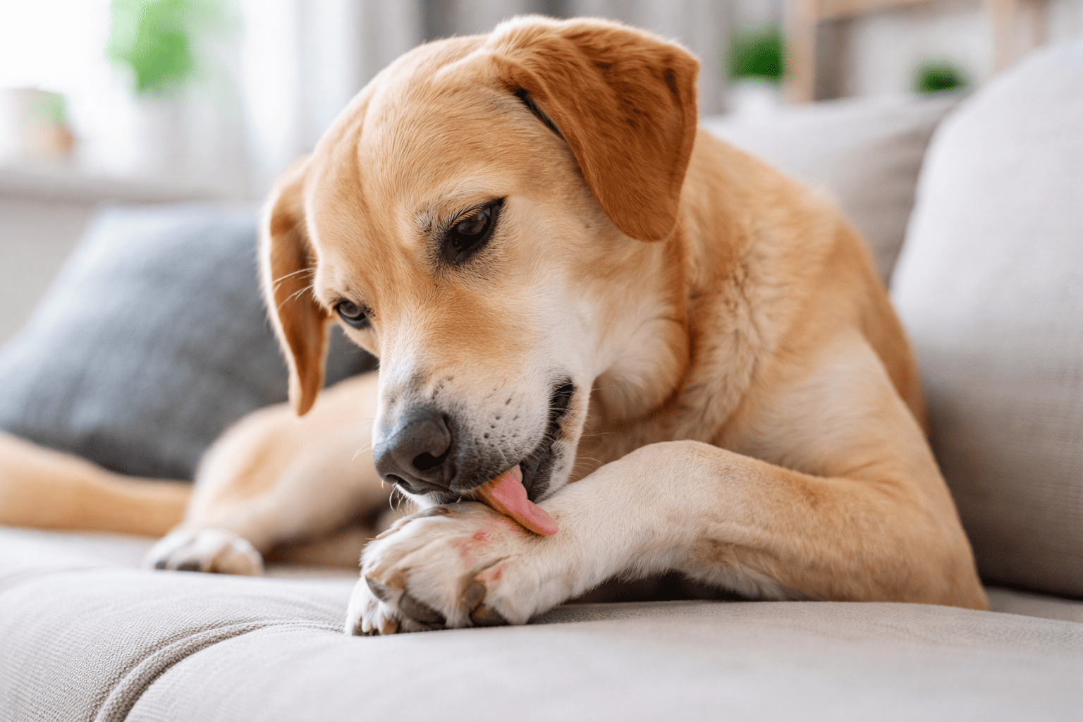Cane che si lecca le zampe a causa di prurito e dermatite, sintomo comune di allergie o infezioni cutanee