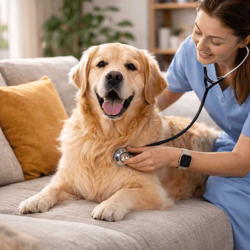 Golden Retriever durante visita veterinaria a domicilio a Milano in ambiente domestico