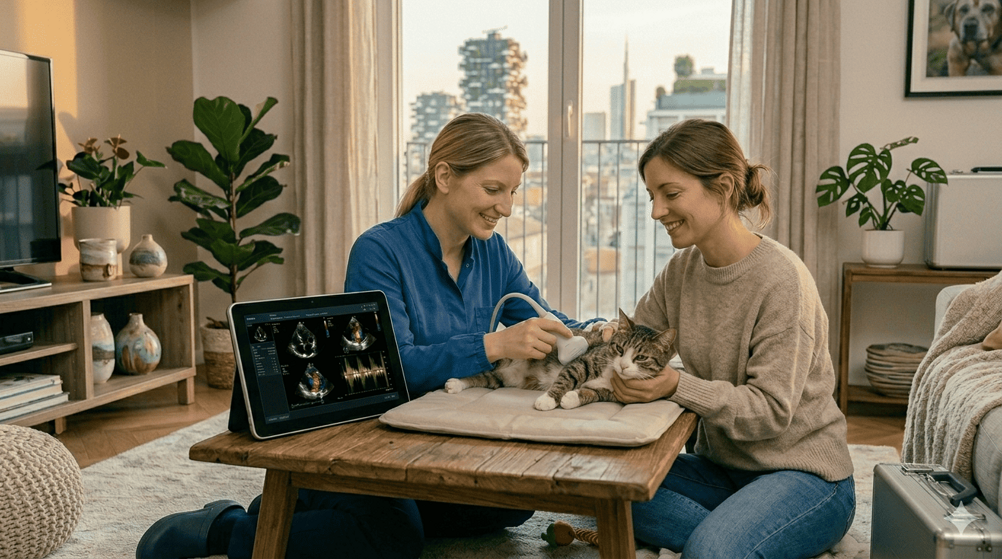 Ecocardiografia felina a domicilio a Milano: la Dott.ssa Irene Francini esegue un ecocardio a un gatto con il supporto della proprietaria in ambiente domestico. Ecocardiografia felina a domicilio a Milano: la Dott.ssa Irene Francini esegue un ecocardio a un gatto con il supporto della proprietaria in ambiente domestico.