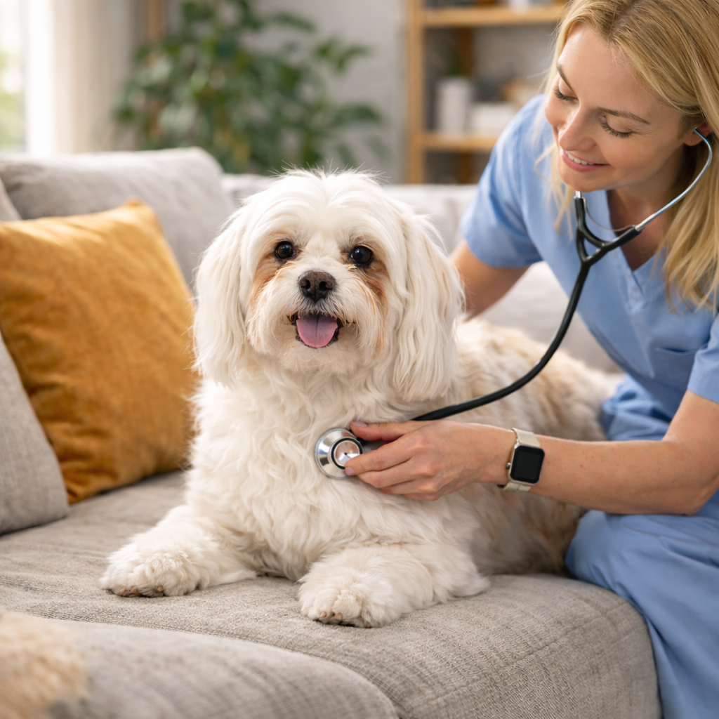 Maltese durante visita veterinaria a domicilio a Milano per problemi agli occhi e dermatologici