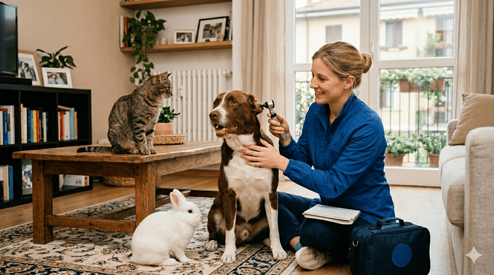Visita dermatologica veterinaria a domicilio a Milano della Dott.ssa Irene Francini a un cane, con gatto e coniglio.