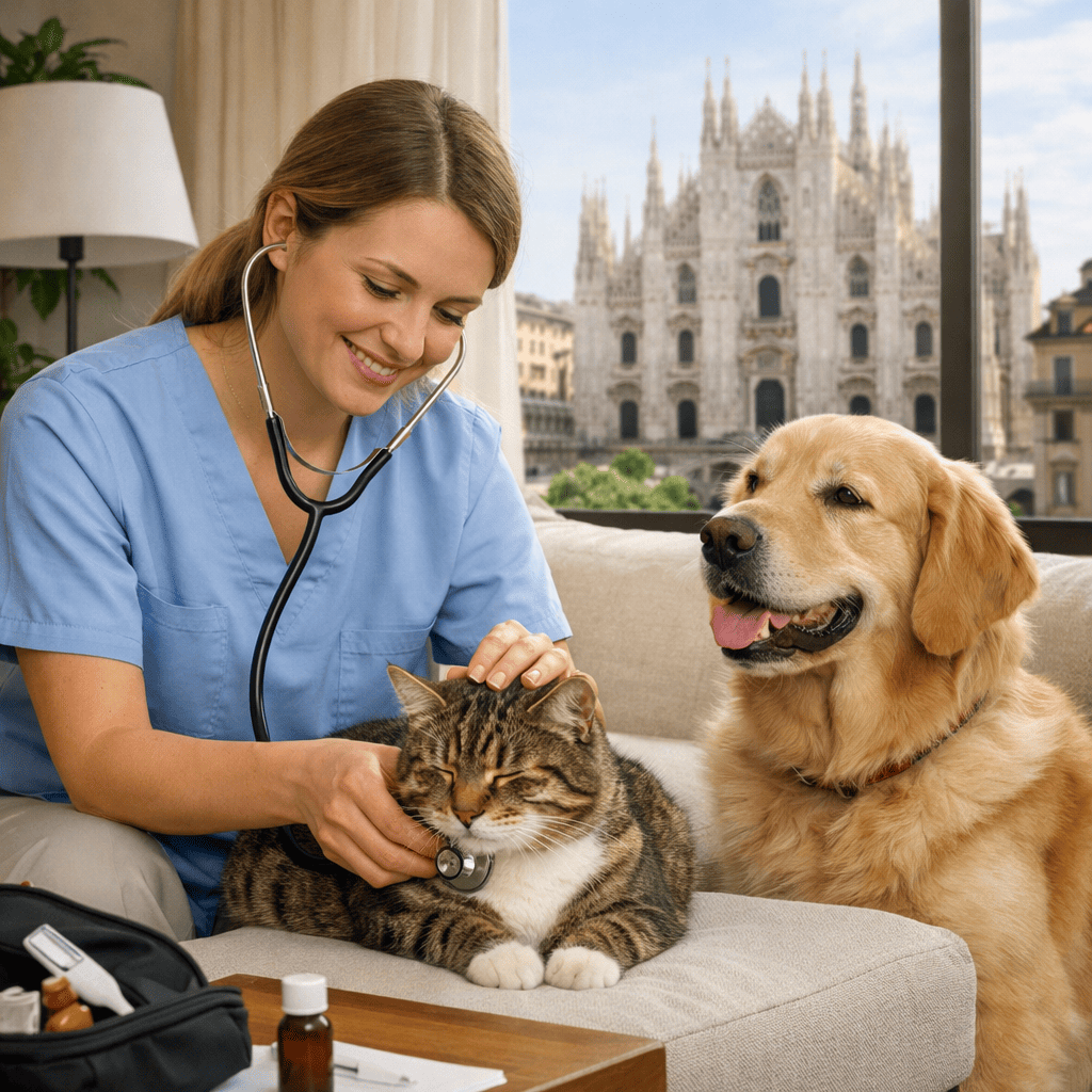 Veterinario durante una visita veterinaria a domicilio a Milano mentre visita un cane in un ambiente domestico