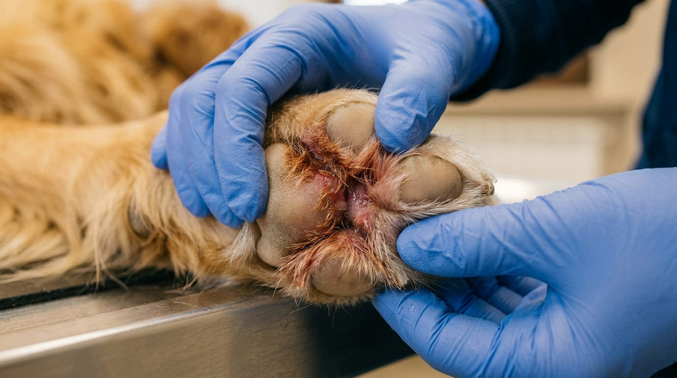 Dermatite interdigitale nel cane con controllo delle zampe durante visita veterinaria a domicilio a Milano