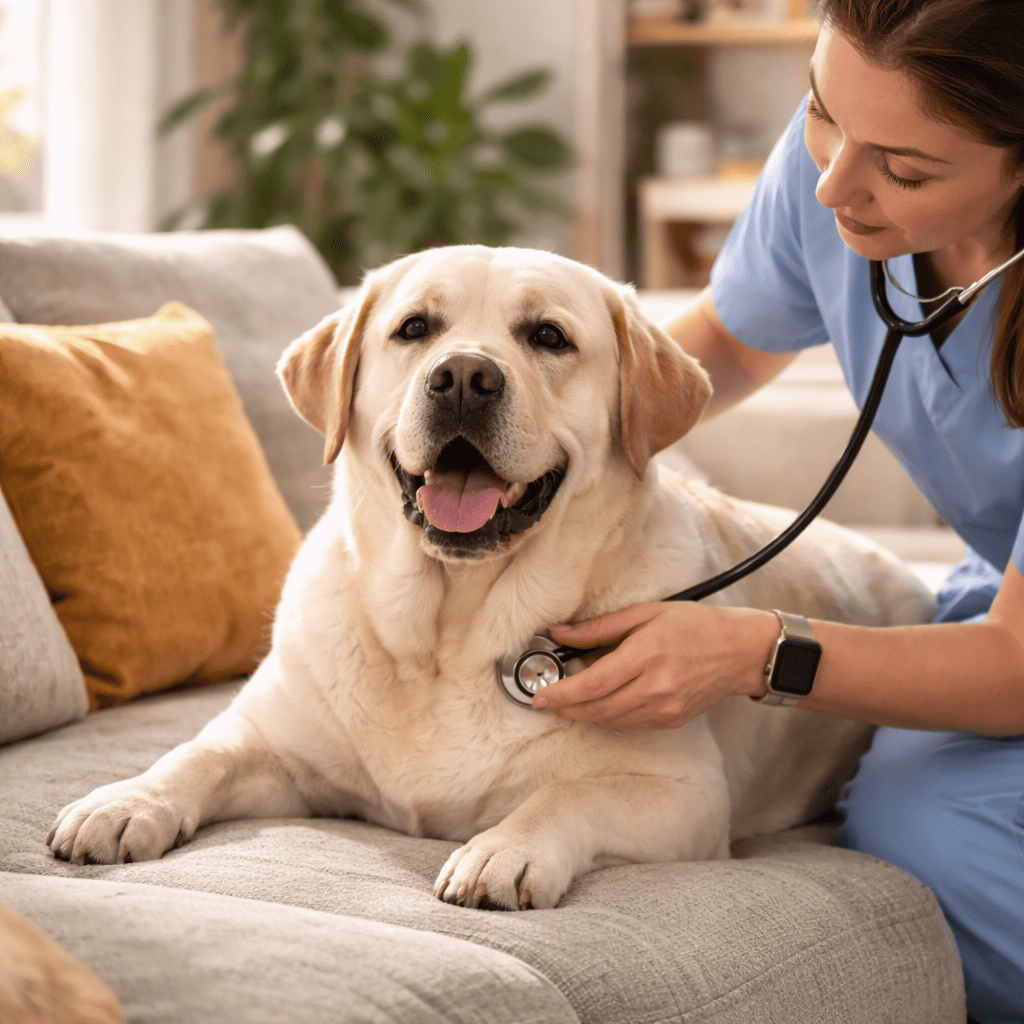 Labrador durante visita veterinaria a domicilio a Milano in ambiente domestico