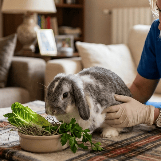 Alt tag: Coniglio apatico che non mangia durante visita veterinaria a domicilio per sintomi gastrointestinali