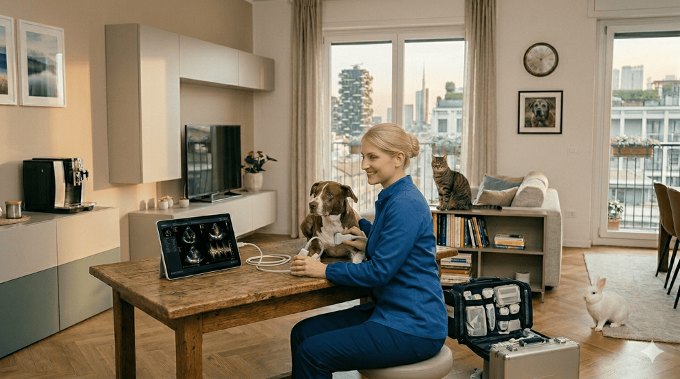 Visita cardiologica veterinaria a domicilio a Milano della Dott.ssa Irene Francini con esame ECG a un cane, gatto e coniglio presenti in un ambiente domestico sereno.