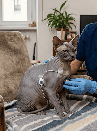 Gatto Sphynx durante visita cardiologica a domicilio per controllo HCM a Milano